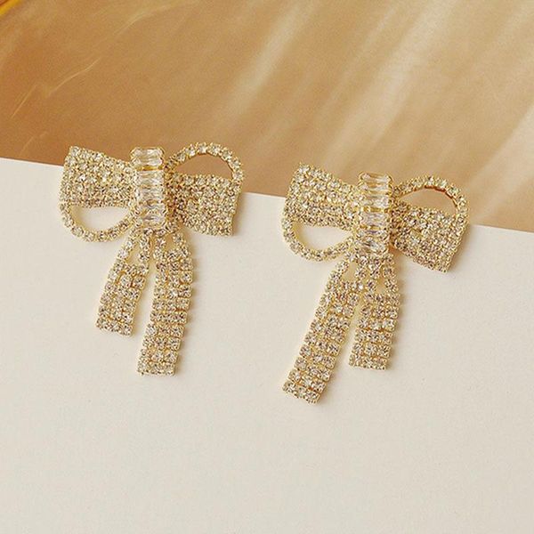 

stud cute romantic shiny bowknot earrings for women designer creativity luxury jewelry zircon s925 needle, Golden;silver