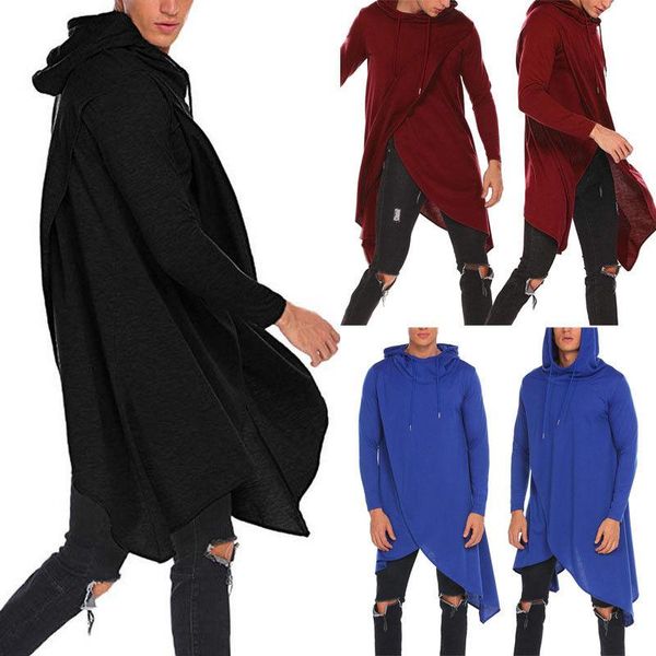 

2020 new style fashion solid split men casual hoodie with hat outwear pullover long cotton cloak warm casual, Black
