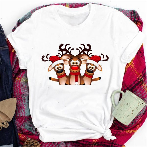 

deer happy time cartoon clothing holiday tees for women lady merry christmas print tshirt clothes graphic female t t shirt, White