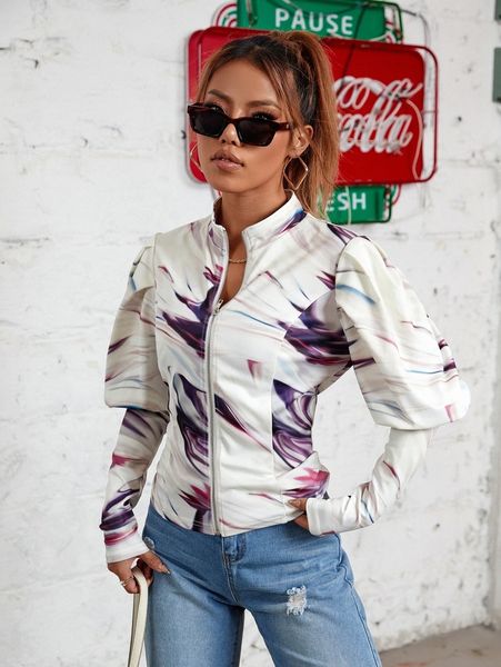 

marble print gigot sleeve jacket 41dr#, Black;brown