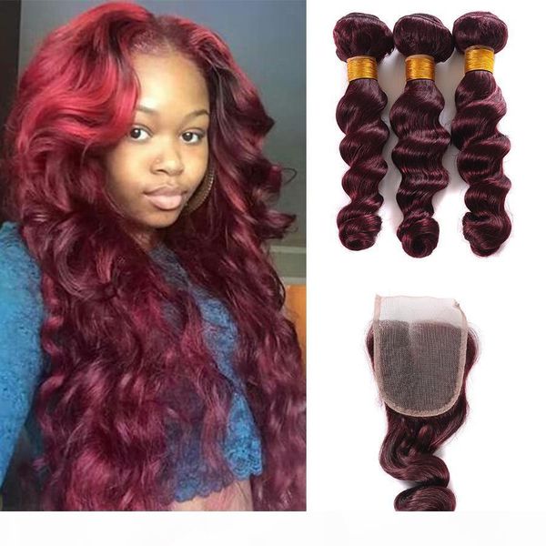 

grade 8a burgundy red human weft weaves brazilian virgin hair loose wave 99j brazilian hair 4pcs wine red loose wave virgin 4x4 closure, Black;brown