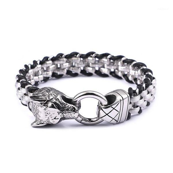

link, chain brand heavy 13mm 8.5'' knit leather rolo bracelet stainless steel fashion biker wolf bangle mens1, Black