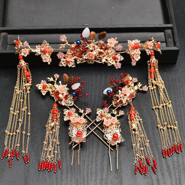 

new xiuhe headdress bridal chinese red crowns earrings ancient xiuhe wedding dress wedding hair accessories