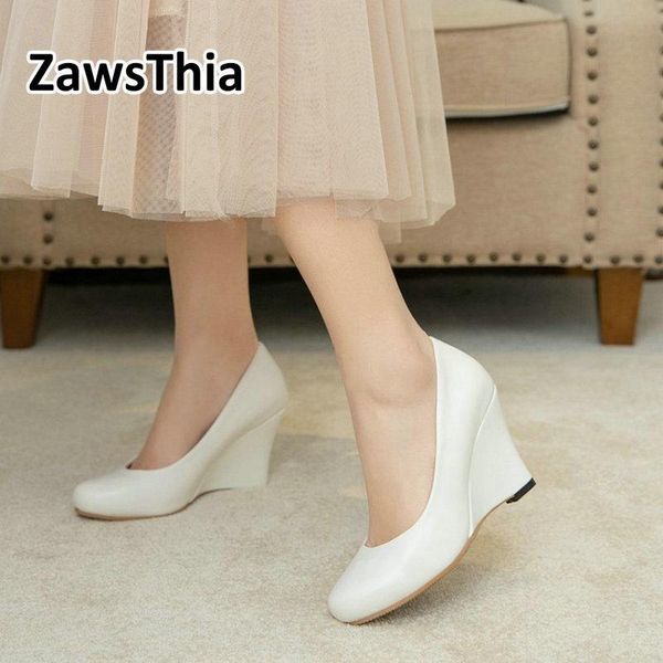 

zawsthia 2021 spring summer round toe conside plain color wedges pumps for women office carrer woman high heels shoes size 45, Black