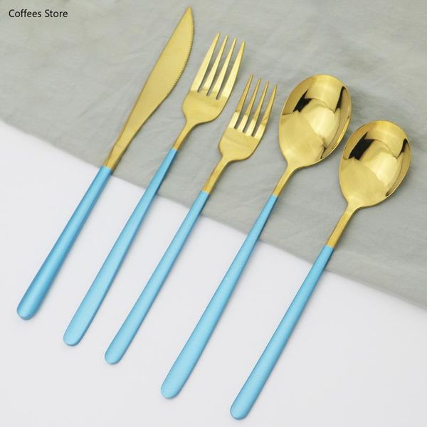 

flatware sets 5pcs/set blue gold cutlery set knife fork spoon 304 stainless steel dinnerware kitchen tableware silverware