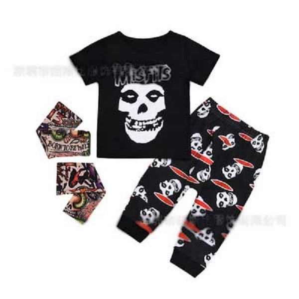 

explosive children's clothing european and american style children's clothing skull print and ripped pant plus cool tattoo glove, White