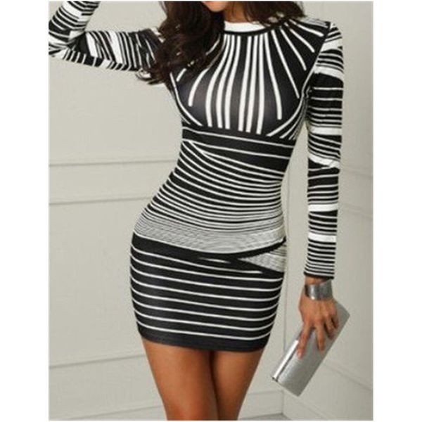 

striped printing womens bodycon dress fashion trend crew neck long sleeve ladies hip skirt designer new autumn female casual skinny dresses, Black;gray