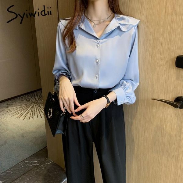 

syiwidii blouse women 2020 ruffled neck plus size long sleeve white blue shirts korean fashion clothing elegant office lady