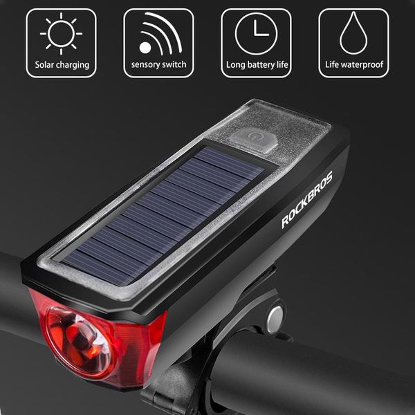 

solar power bike front headlights waterproof 2000 mah usb charging bike light bell smart switch multiple modes