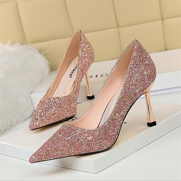

2021 spring fashion women glitter white gold blue high heels pumps designer bling low heels party wedding shoes plus size 34-40, Black