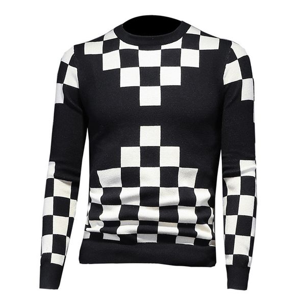 

men sweaters long sleeve sweaters fashion round neck pullover plaid decoration double color matching personality men sweater a1, White;black