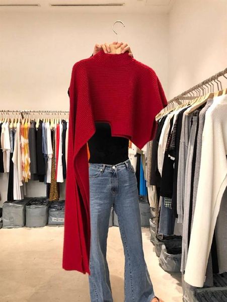 

2021 autumn new fashion solid irregular turtleneck full knitted shawl sweaters women, White;black