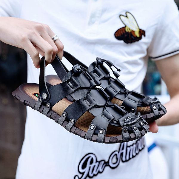 

breathable men's leather, summer beach sandals, comfortable shoes, slip-ups, casual sandals 4d11, Black;brown