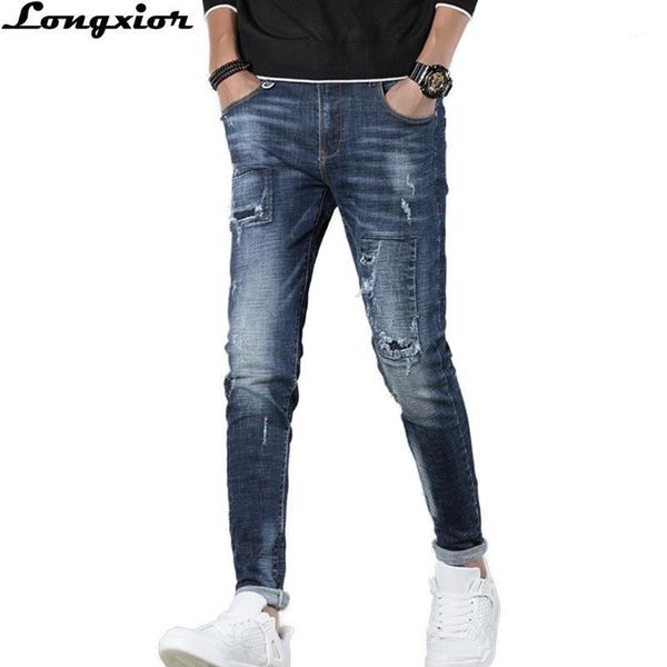 

2020 spring autumn fashion jeans men slim fit denim trousers quality casual pencil pants elasticity hollow out jeans pants lp301, Blue