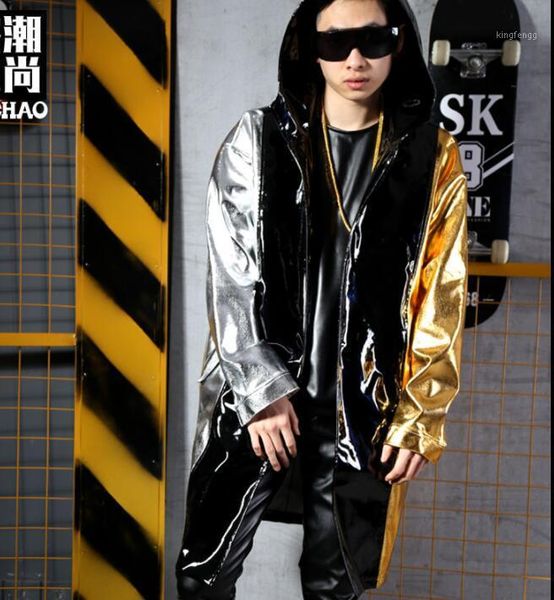 

pu jacket men street clothes mens leather jackets singer stage coats contrast color stitching cloak hombre casaco hooded1, Black;brown