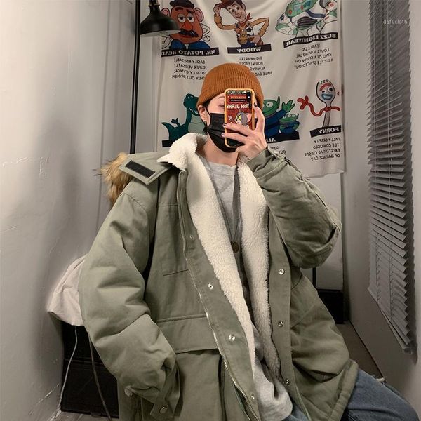 

winter thick coat men's warm fashion parka men solid color casual fur collar hooded coat man wild loose cotton jacket male1, Black