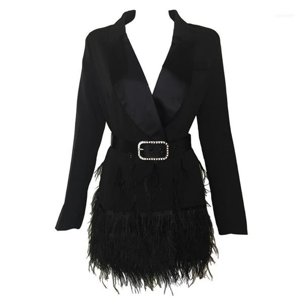 

2017 new fashion women jackets black feathers long sleeves celebrity women elegant jacket with belt11, Black;brown