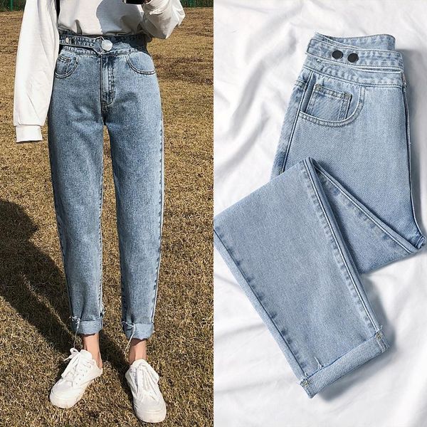 

women's jeans black denim pants lady fashion spring autumn design frayed hem straight harem women, Blue