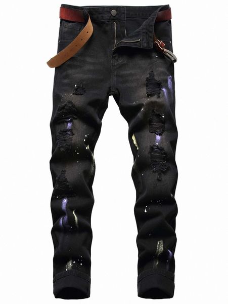 

romwe guys graphic ripped skinny jeans a7us#, Blue