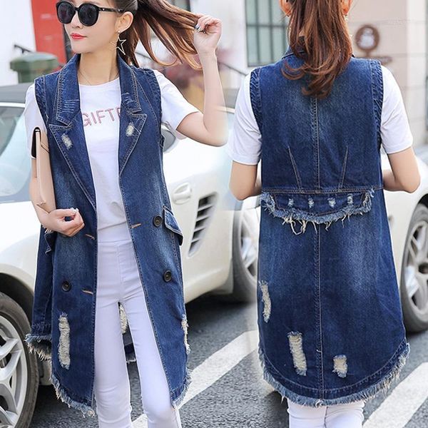 

medium long denim vest female 2020 spring and autumn hole sleeveless vest loose denim waistcoat double breasted1, Black;white