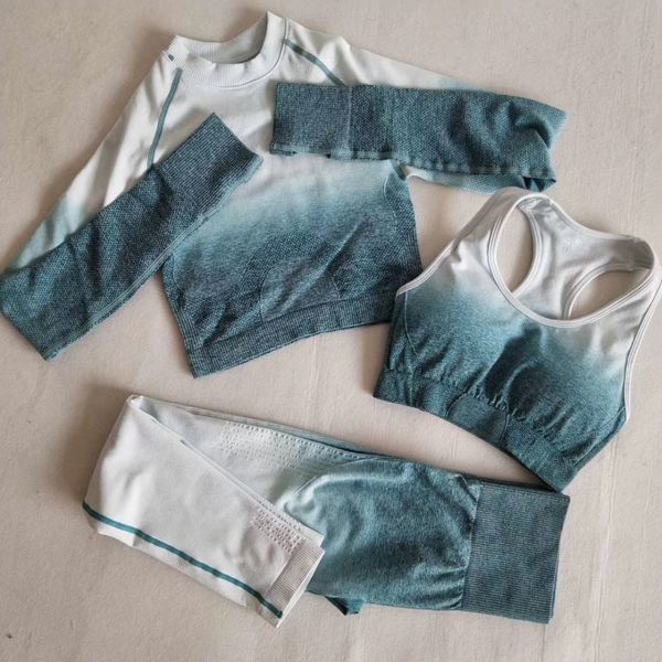 

ombre seamless leggings+sports bra+long sleeve crop 3pcs yoga set women running gym clothing high waist fitness sports suit y1225, Gray