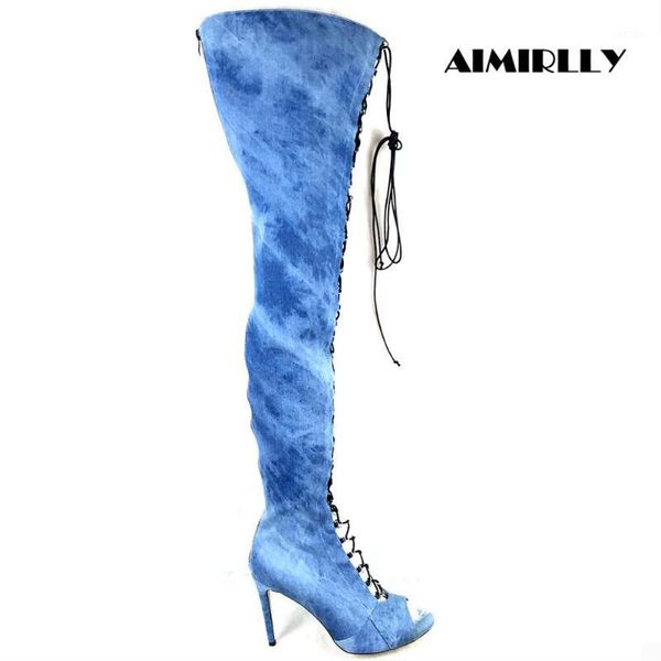 

boots women's denim ladies open toe thigh high over the knee lace up stilettos blue winter autumn wear1, Black