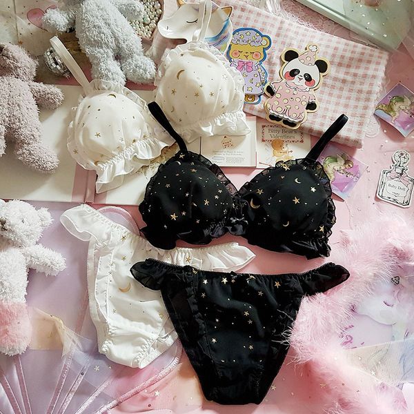 

wriufred cute romantic girl bra set heart starry sky moon chiffon wire triangle cup bralette sweet student underwear c1211, Black;white