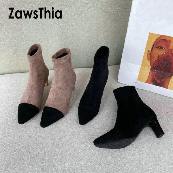

boots zawsthia 2021 winter spring point toe high heels woman ankle contrast color socks booties women stretch boots1, Black