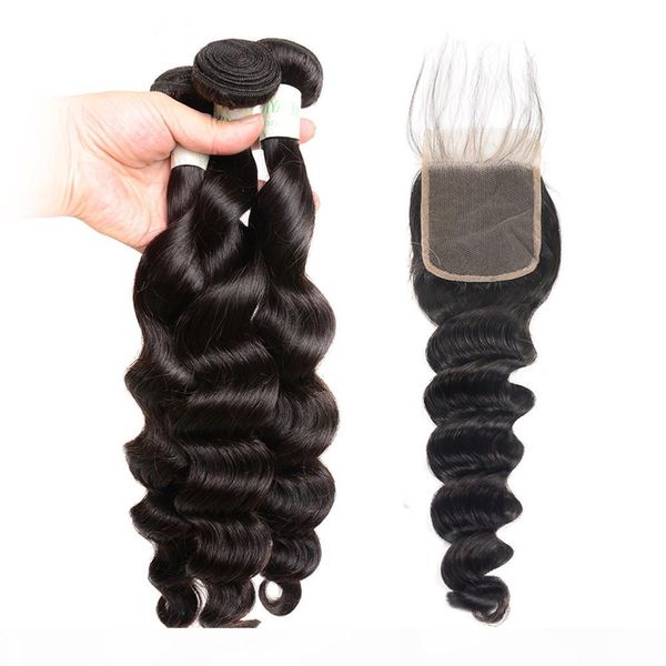 

viya loose deep human hair bundles with lace closure medium brown peruvian non-remy hair 4pcs lot can be colored ing, Black;brown