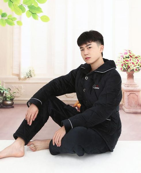 

mimi new cotton pajamas men's crystal diamond velvet enlarged three-layer thickened household suit pajamas1, Black;brown