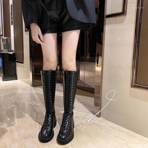 

boots black knee high low heels women shoes lace up thigh winter motorcycle punk botas1