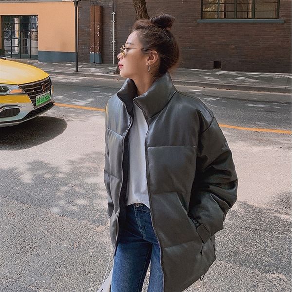 

ladies pu lint coat high imitation leather parka ladies stand-collar thick cotton coat winter puffer jacket 201217, Black