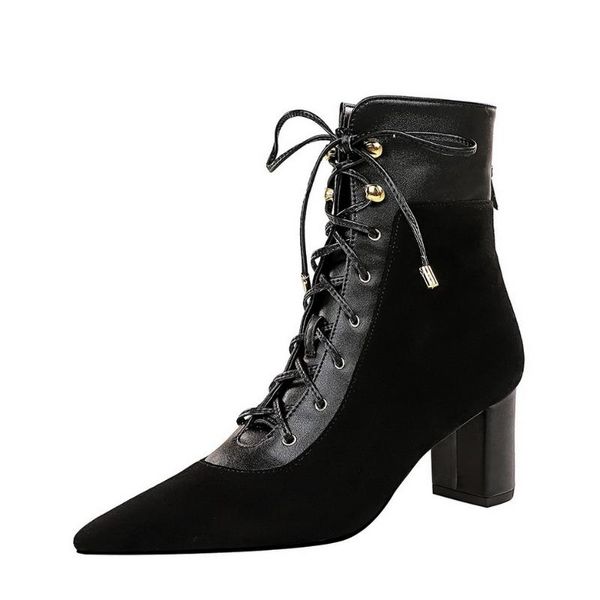 

boots ummewalo flock women pointed toe thick heels winter lace up cross strapping ankle ladies, Black
