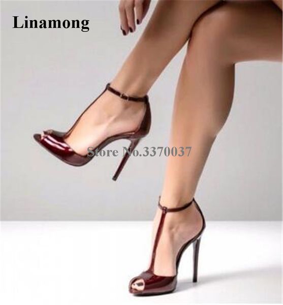 

spring new fashion women peep toe patent leather stiletto heel pumps wine red ankle strap high heels formal dress shoes t200525, Black