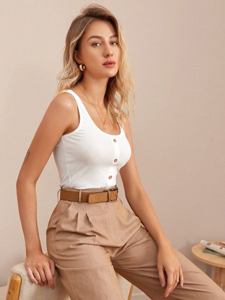 

buttoned front rib-knit tank 00nh#, White
