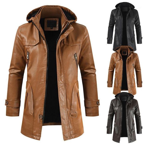 

2020 new men casual jacket hooded slim-fitting pu leather men jacket and coat man steampunk moto biker clothing plus size 4xl1, Black