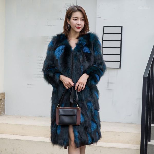 

women's fur & faux genuine real natural coat women's fashion long jacket ladies v-neck warm winter outwear custom big size1, Black