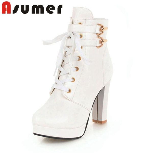 

asumer 2020 round toe boots cross tied dault high heels boots elegant zip pu ankle, Black