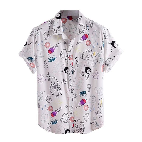 

2020 fashion men hawaiian shirt short sleeve cartoon print lapel loose camisas hombre streetwear beach casual shirts clothes, White;black