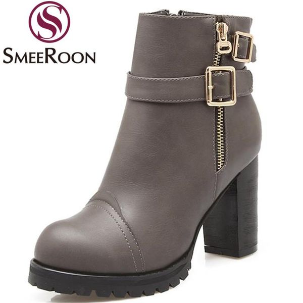 

boots smeeroon ankle high thick heels buckle good quality motorcycle round toe side zipper womens shoes solid winter, Black