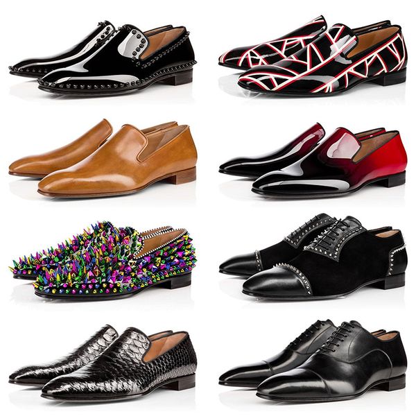 

new mens loafers designer shoes red bottoms black white brown bred patent leather rivets glitter luxury dress wedding fashion size 39-47