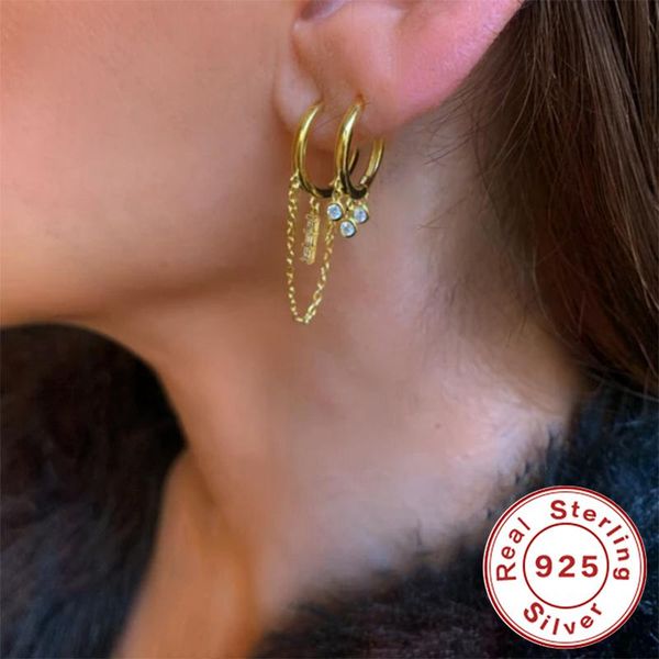 

hoop & huggie romad korean ins chain earrings for women fashion double hoops ear back hanging piercing earings silver 925 jewelry brincos, Golden;silver