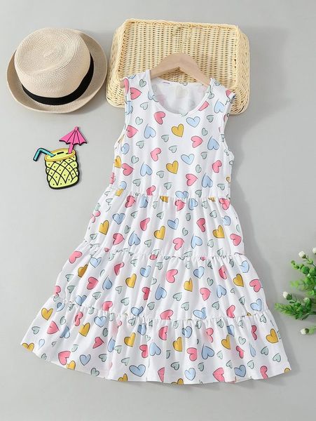 

girls heart print ruffle hem dress she01, Red;yellow