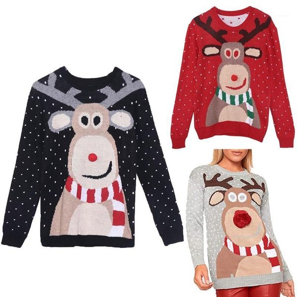 

women winter christmas long sleeve sweater cute reindeer print 3d nose pom pom pullover o-neck loose holiday jumper1, White;black