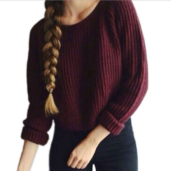 

pop sweater women's wine red short hem split long sleeve pullover open navel t-shirt, White;black