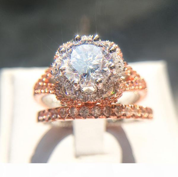 

k vintage fashion jewelry 925 sterling silver &rose gold fill round cut white z cz diamond couple rings eternity women, Slivery;golden