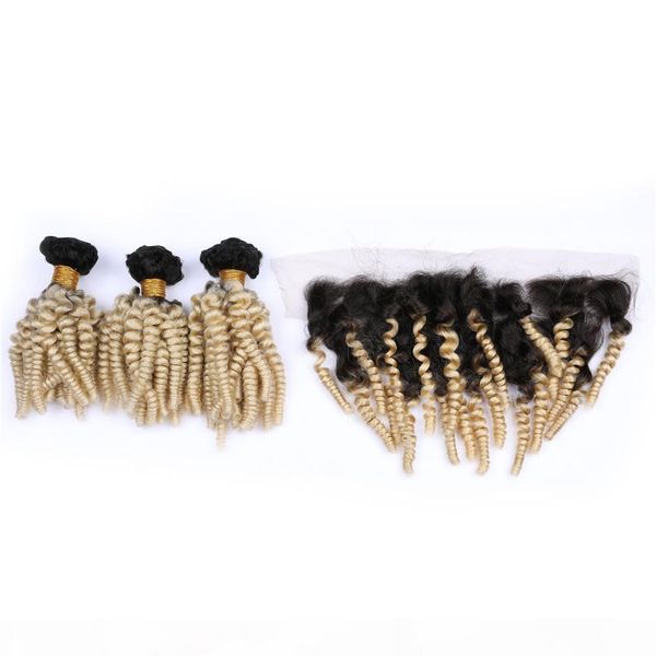 

#1b 613 blonde ombre funmi hair bundles with frontal closure 13x4 romance curls blonde ombre peruvian human hair weaves with lace frontal, Black