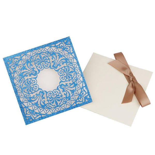 

50шт блеск бумаги лазерный вырезать свадьба пригласительный билет индивидуальные квадратные поздравительные открытки с лентой свадебные укра