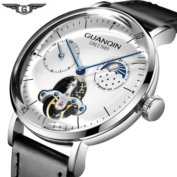 

mens phase mechanical gj16117 leather curver luxury skeleton watch watches guanqin moon tourbillon mens automatic wristwatch 3d ujhtg, Slivery;brown