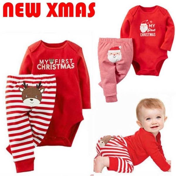 

xmas born baby boys girls christmas romper stripe long pants clothes outfits set red overalls infant christmas pajamas 220118, White